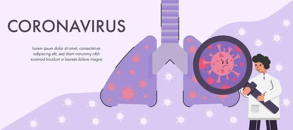 Medico Esaminare Coronavirus Polmone Con Lente Ingrandimento Concetto Covid Illustrazione — Vettoriale Stock