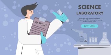 Beyaz önlüklü bilim adamı araştırma raporunu tutuyor ve bilim deneyi yapıyor. Düz tasarım karakter vektör illüstrasyonu.