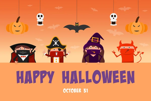 Děti Halloweenském Kostýmu Plakátu Happy Halloween Vyzdobenou Dýní Lebkou Pálkou — Stockový vektor