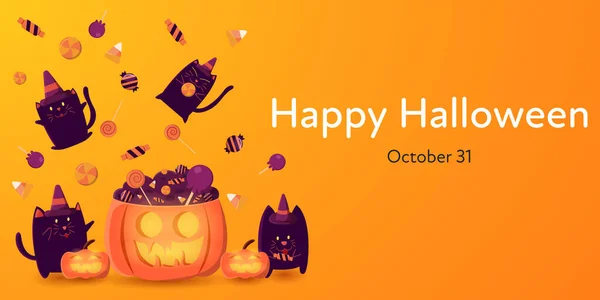 Oranžový Halloween Den Banner Vektorové Ilustrace Skupinou Černé Kočky Klobouku — Stockový vektor