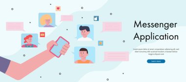 Akıllı telefonu tutarak ve kurye başvurusu yoluyla arkadaşıyla sohbet ederek. Akıllı telefon teknolojisi vektör illüstrasyonunu kavra.