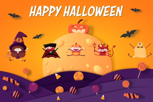Skupina Šťastných Dětí Halloweenském Kostýmu Sladkostmi Měsícem Dýní Pálkou Šťastný — Stockový vektor