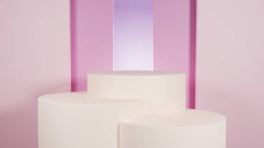 3D rengarenk renk podyumunu vitrin ürünü modellemeleri için hazırla. açık pembe arkaplanda. 