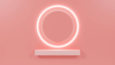 Pembe duvarda parlayan yüzüklü boş bir raf. Gösteri ürünü modellemeleri için soyut geometri sahnesi.