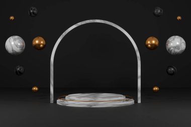 3D boş mermer podyum, kemer, bakır ve mermer küreler. Showcase ürün modellemeleri için soyut asgari geometrik tasarım. 