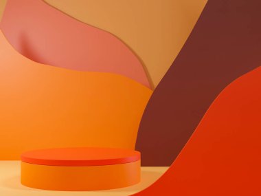 Arkaplan ve ön plan olarak geometrik şekilli boş turuncu silindir podyumu 3D görüntülüyor. Soyut asgari tasarım.