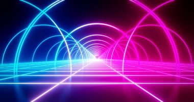 3D görüntüleme retro bilim kurgu arkaplan mavi ve pembe neon halka ve kablo döşeme.