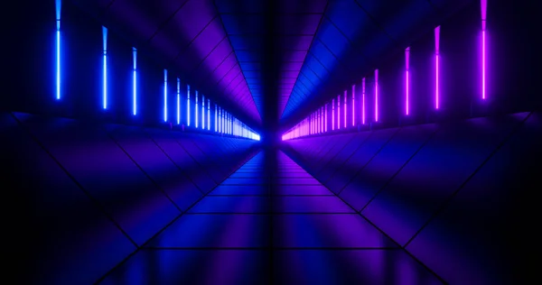 Rendering Mörk Metall Tunnel Med Blå Och Rosa Neon Ljus — Stockfoto