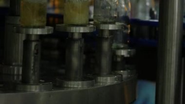 Cam şişelerde sağlıklı Bitkisel içki doldurmak için otomatik konveyör hattı.