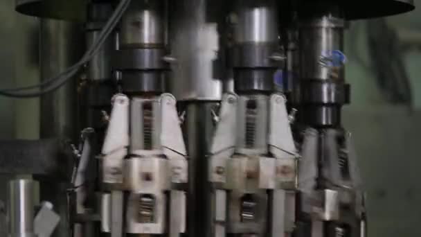 Het mechanisme van de automatische fles aftopping machine. — Stockvideo