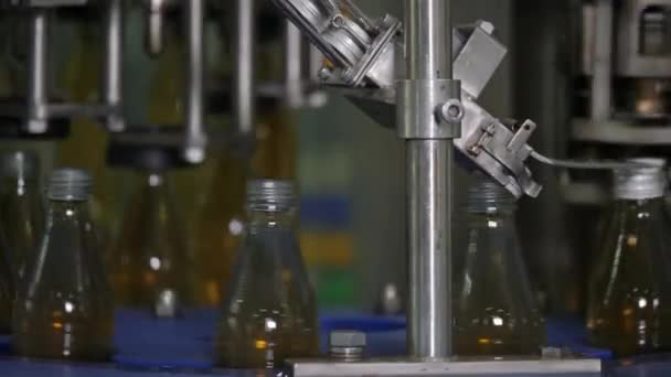 Der Mechanismus der automatischen Flaschenverschließmaschine. — Stockvideo