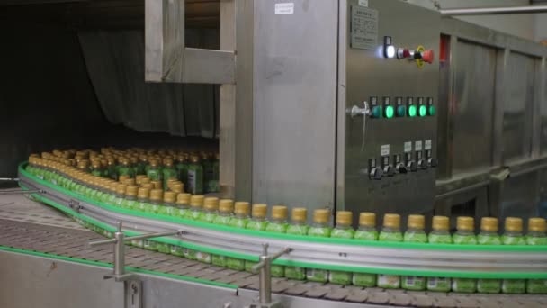 Bebida saludable a base de hierbas en botellas de plástico se mueven a lo largo del transportador . — Vídeos de Stock