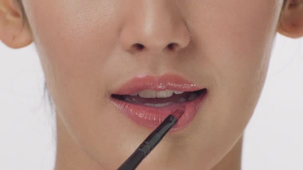 Visagistin trägt flüssigen Lippenstift mit Pinsel auf die Lippen junger Frau auf. — Stockvideo