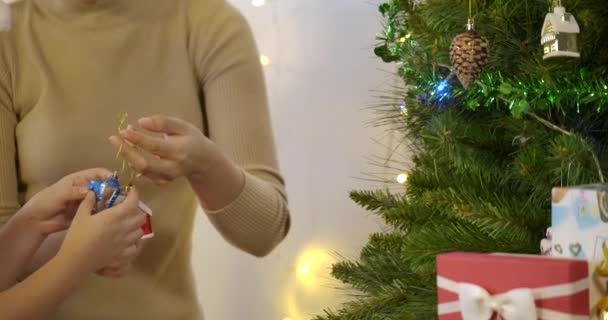 Mãe e filha decoração árvore de Natal. — Vídeo de Stock