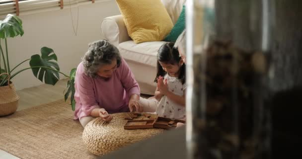アジア シニア カップルの自宅の小さな女の子と一緒に遊ぶこと. — ストック動画