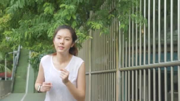 在城市公园的日出锻炼前, 亚洲年轻女子运动热身和伸展运动. — 图库视频影像
