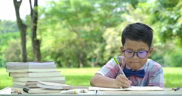 Intelligenter kleiner asiatischer Junge lernt im Park und sucht nach einer Idee oder Lösung. — Stockvideo