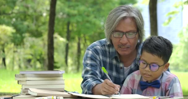 Hombre mayor ayudando a un niño con la tarea escolar en el parque . — Vídeo de stock