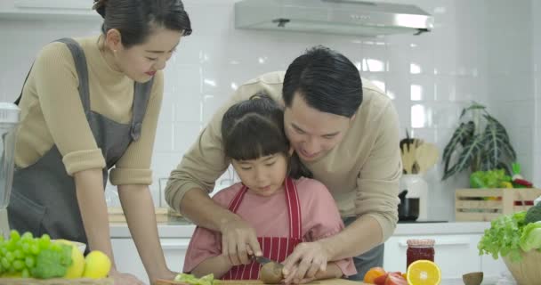 Mutlu Asya aile birlikte evde mutfakta yemek yaparken eğleniyor — Stok video