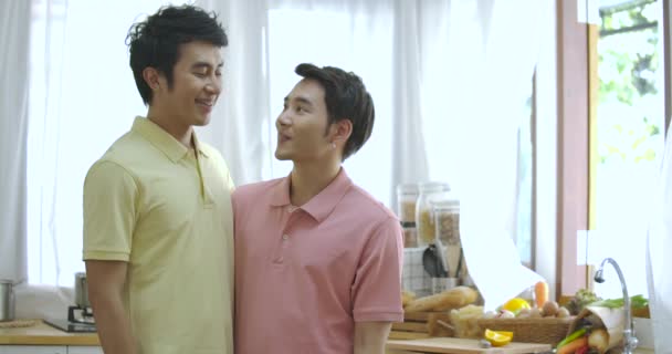 Genç Asyalı gay çift birlikte evde poz portresi — Stok video
