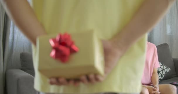 День Святого Валентина подарунок. Ен азіатських геїв, даючи Валентина подарунок коробку до свого бойфренда. Подарунок до свята. — стокове відео