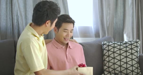 Valentinstag Geschenk. yong asiatische Homosexuell geben valentine Geschenk-Box an seinen Freund. Weihnachtsgeschenk. — Stockvideo