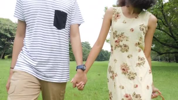 Genç Asyalı çift içinde doğa bahar günde zevk ve mutlu duygu ile piknik oluyor. — Stok video