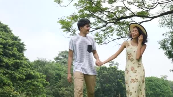 年轻的亚洲夫妇享受在春天的自然和去野餐与快乐的情感 有生活方式 有爱的人 — 图库视频影像