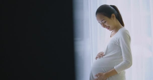 Красива азіатська вагітна жінка дивиться через вікно і натирає живіт у вітальні — стокове відео