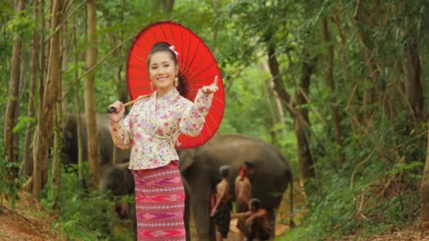 Atractiva asiática mujer en tradicional sudeste asiático traje bailando en la naturaleza fondo . — Vídeos de Stock