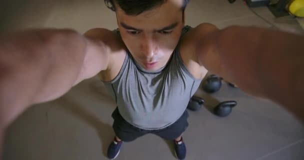 Pov Young Caucasian Man Crossfit Gym Doing Exercise Kettlebell Slow — Stock Video