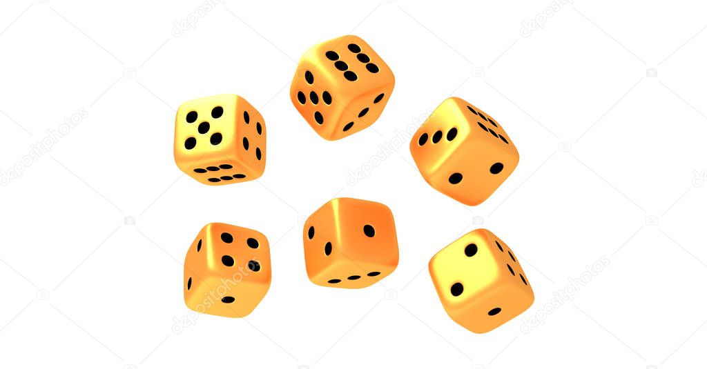 Set of six rolling golden dice on white background