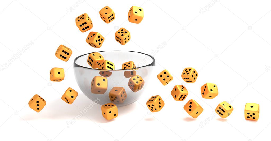 3d illustration rendering rolling golden dice on glass bowl