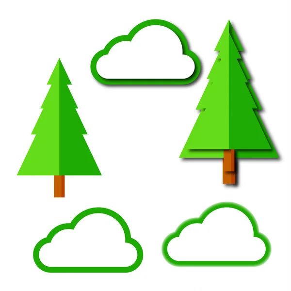 フラットなデザイン スタイルかわいい緑の抽象的な木とトレンディな雲 白い背景に分離 — ストックベクタ