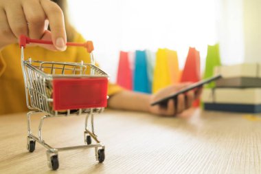 Kredi kartı tutan ve online alışveriş için smartphone kullanarak kadın