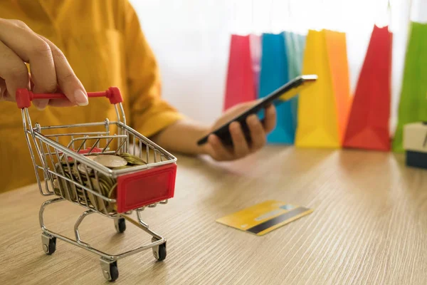 Kredi kartı tutan ve online alışveriş için smartphone kullanarak kadın