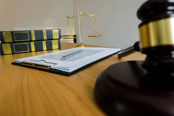 Close Object Law Concept Judge Gavel Justice Lawyers Documents Working — Stock Photo, Image