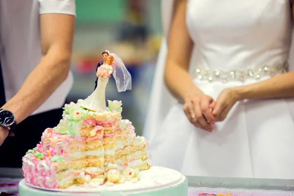Married couple cut a cake for guests at their wedding banquet. Filling a wedding cake. Pink cake with decorative figures of the bride and groom on top