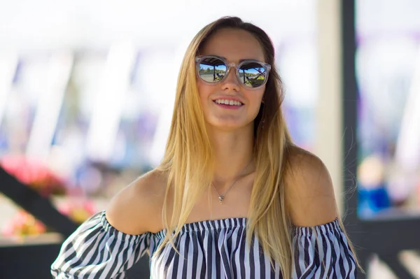 Fashionable Girl Mirror Sunglasses Smiles Enjoys Rest Stock Image