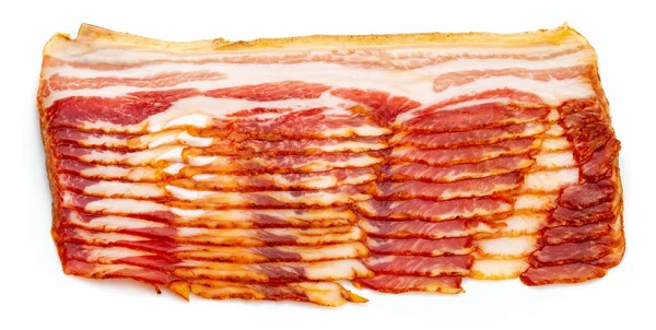Close Appetizing Slices Smoked Bacon Isolated White Background Baking Paper — Stock Photo, Image