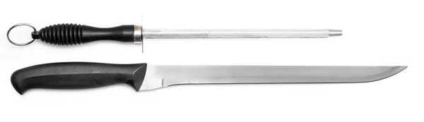 Jambon bıçak (jambon kesmek için) ve kalemtıraş (chaira, cheira). Beyaz arka plan üzerinde izole.