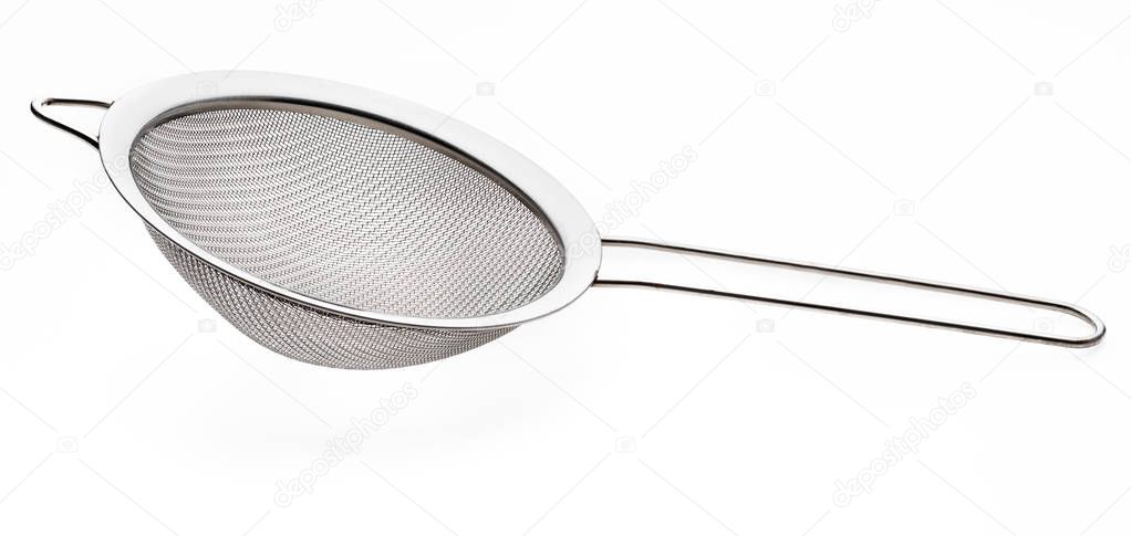 Metallic colander for cooking (kitchenware collection). Isolated on white background.