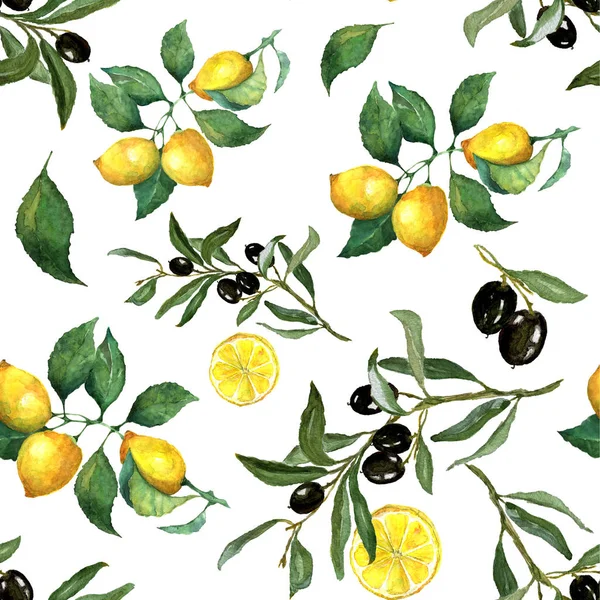Akvarell Sömlöst Mönster Citron Citronskivor Oliver Och Olivkvist Utmärkt Design — Stockfoto