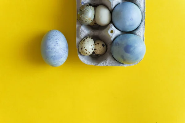 Blue Easter egg on yellow pastel background. Happy Easter concept Organic coloring hibiskus