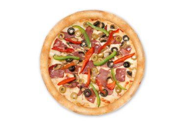 Menü ve düzenler görünümü için beyaz arka plan üzerinde izole üstten karışık pizza
