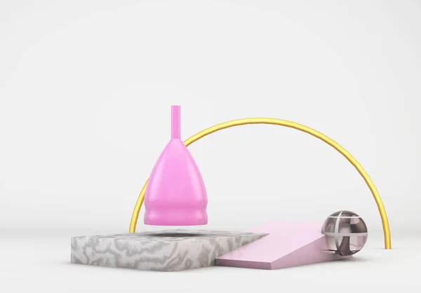 Copo menstrual rosa no fundo 3d formas primitivas, produtos do período de higiene íntima feminino render — Fotografia de Stock