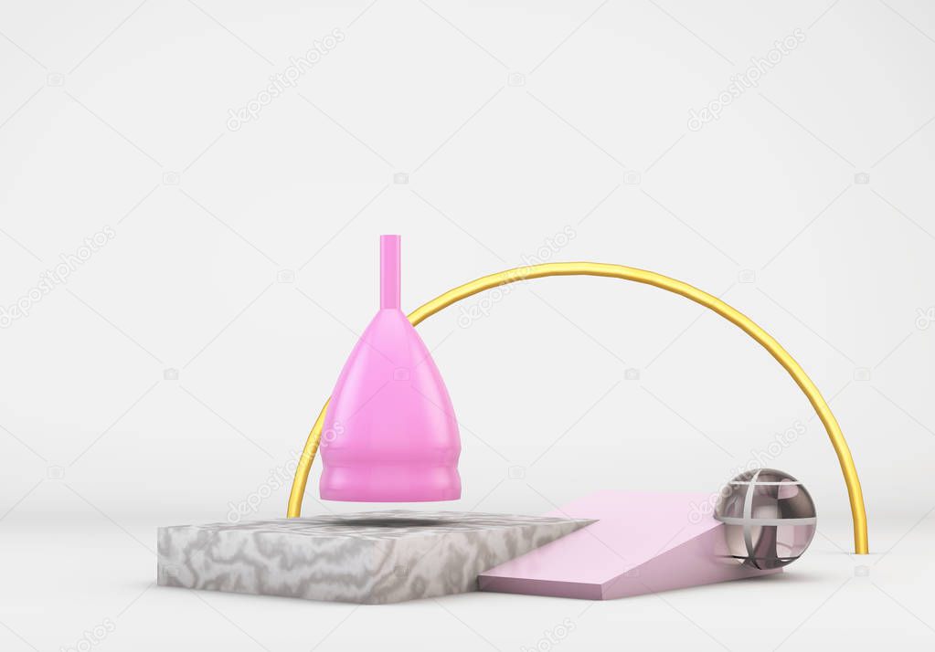Pink menstrual cup on 3d background primitive shapes, female intimate hygiene period products render