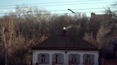 Orman 4k Ukrayna geleneksel kulübeden kışın bir bacadan duman yükselterek