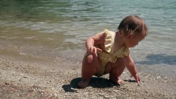 Baby girl in yellow swimsuite plays in water sea. Summertime with toddler on the beach lifestyle — Stock Video