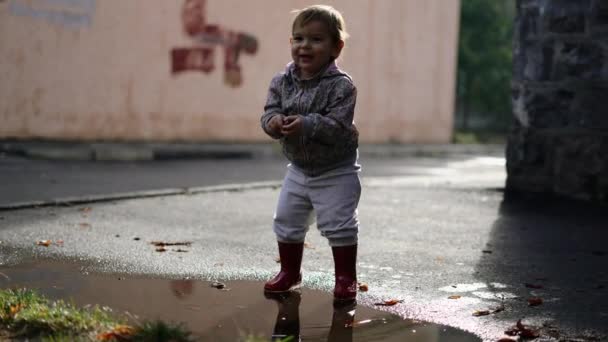 Маленький малюк у червоних дощовиках грає у калюжі. Весела осіння активність — стокове відео